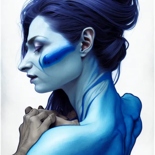 Prompt: A portrait of an alien woman with blue skin and horns embracing a human man, romance novel cover, face, fantasy, intricate, elegant, highly detailed, digital painting, artstation, concept art, smooth, sharp focus, illustration, art by Phil noto and James Jean and alphonse mucha