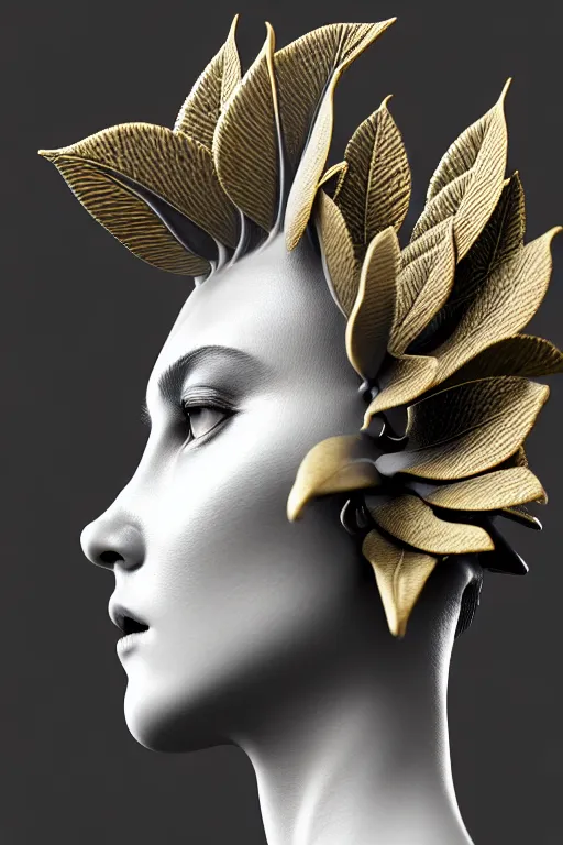 Image similar to bw close - up profile face, black background, beautiful young porcelain vegetal - dragon - cyborg - female, 1 5 0 mm, beautiful natural soft rim light, silver gold details, magnolia leaves and stems, roots, mandelbot fractal, elegant, ultra detailed, white metallic armour, octane render, dora maar