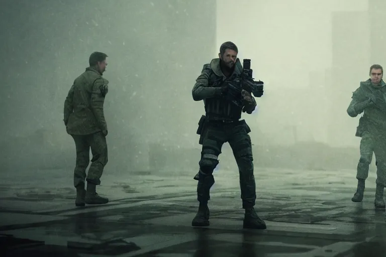 Image similar to vfx film, blade runner 2 0 4 9 futuristic soldiers shoot at enemy robots futuristic war, battlefield, war zone, shootout, dilapidated city ruins, running, shooting, explosion, battlefront, leaping, flat color profile low - key lighting award winning photography arri alexa cinematography, big crowd, hyper real photorealistic cinematic beautiful, atmospheric cool colorgrade