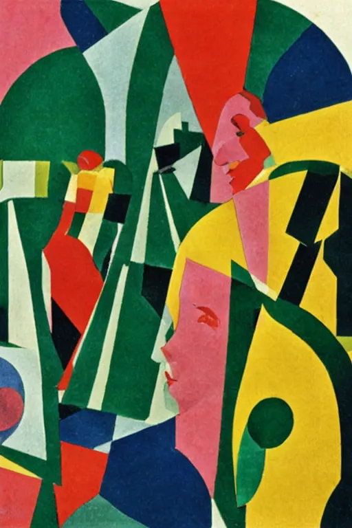 Prompt: surrealist close-up of a boy and a girl laying under the enormous northwestern pine tree canopy by Sonia Delaunay, paper cutouts of plain colors, risograph print