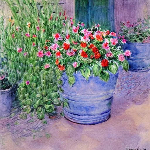 Prompt: a beautifull intricate watercolor painting of potted planter with flowers inside sitting on wet sidewalk by monet