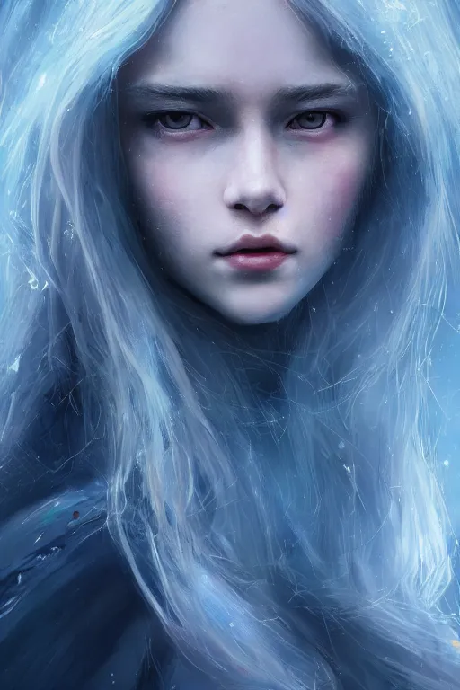 Image similar to a fancy portrait of a beautiful young teenage girl with long white hair and blue eyes by greg rutkowski, sung choi, mitchell mohrhauser, maciej kuciara, johnson ting, maxim verehin, peter konig, bloodborne, 8 k photorealistic, cinematic lighting, hd, high details, dramatic, dark atmosphere, trending on artstation