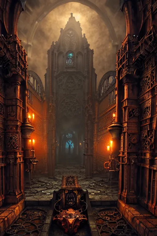 Image similar to steam necropolis, memento mori, gothic, neo - gothic, art nouveau, hyperdetailed copper patina medieval icon, stefan morrell, philippe druillet, ralph mcquarrie, concept art, steampunk, unreal engine, detailed intricate environment, octane render, moody atmospheric, volumetric lighting