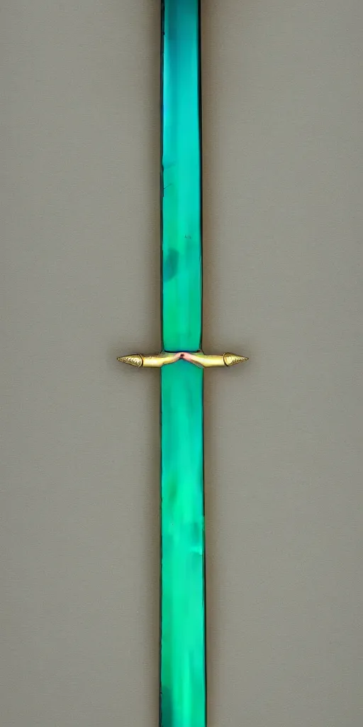 Prompt: photograph of a wide green and teal crystal sword blade with a big gold sword hilt