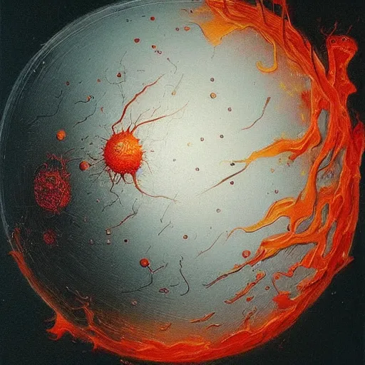 Image similar to a sphere being covered by extremely detailed splatters of abstract paint, engulfed in flames in the style of, pascal blanche, surreal, beksinski, high detailed