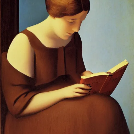 Image similar to a girl reading, old vintage colored photo by magritte, by ingres, strong lights, flat colors, pastel colors, eerie, nostalgic