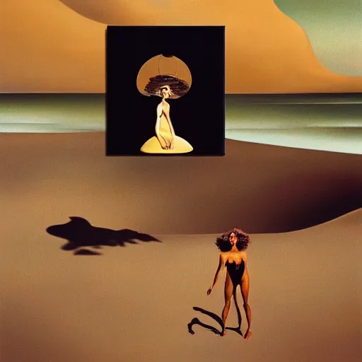 Image similar to A surreal oil painting of a puzzle containing a beautiful woman on a desert beach by Salvador Dali, dark vibes, high contrast, cinematic, depth of field