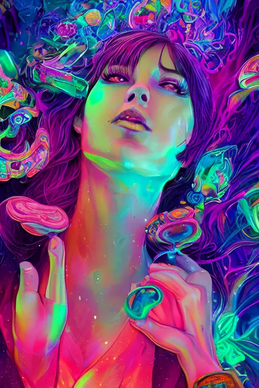 Prompt: a beautiful woman engulfed in colorful liquid clouds and neon smoke, extremely psychedelic experience, psilocybin, dmt, lsd, perfect face, highly detailed, artstation, concept art,, sharp focus, digital art by hana yata, and artem demura and beeple, lisa frank, cyberpunk, octane render, unreal engine, 8 k