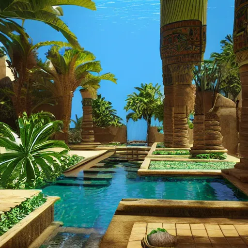 Image similar to a pool in a ancient egyptian interior full of plants and palms, 3d render,unreal engine