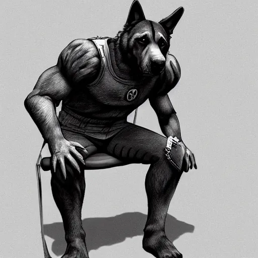 Image similar to a humanoid german shepherd beast - man, wearing gym suit, sitting on a couch, artstation, concept art, smooth, sharp foccus ilustration, artstation