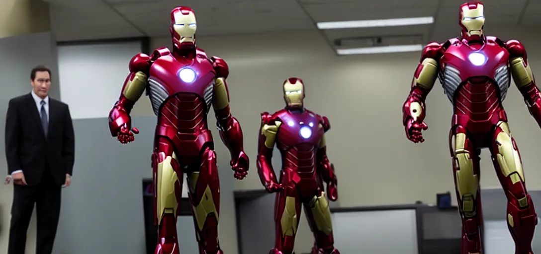 Image similar to a very high resolution image of ironman in an episode of the office. photorealistic, photography