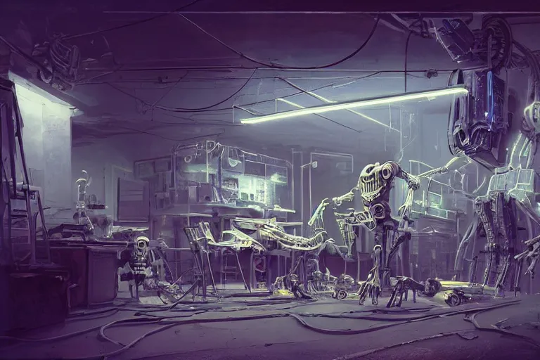 Image similar to interior shot, scifi robot repair workshop, robot skeleton, robot skeleton, robot skeleton, neon lights, neon lights, neon lights, neon lights, cinematic lighting, Craig Mullins, Greg Rutkowski, volumetric light, artstation, octane render, low angle camera