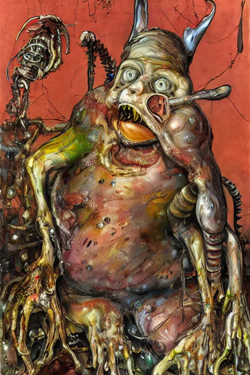 Image similar to Big Chungus full body shot, hyper-realistic oil painting, Body horror, biopunk, by Ralph Steadman, Francis Bacon, Hunter S Thompson