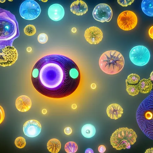 Image similar to the fourth dimension, expressive eyes, floating, rbc, radiolaria, protophyta, micro - organisms, center frame, symmetric, rim light, marine microbiology, bioluminescence, electric, fur, soft, concept art, intricate details, highly detailed, colorful, photorealistic, disney pixar, octane render, iridescent, anime, 8 k