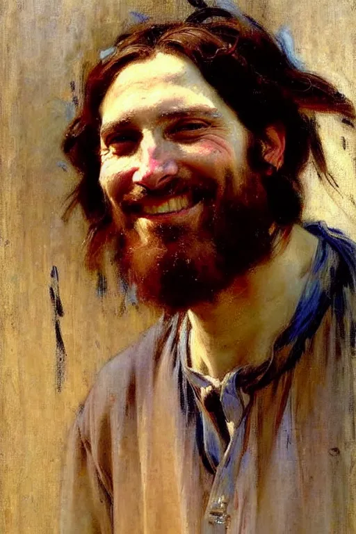 Image similar to impressionist brushstrokes!!!!!!!!! solomon joseph solomon and richard schmid and jeremy lipking victorian loose genre loose painting full length portrait painting of jesus with a slight smile happy inviting