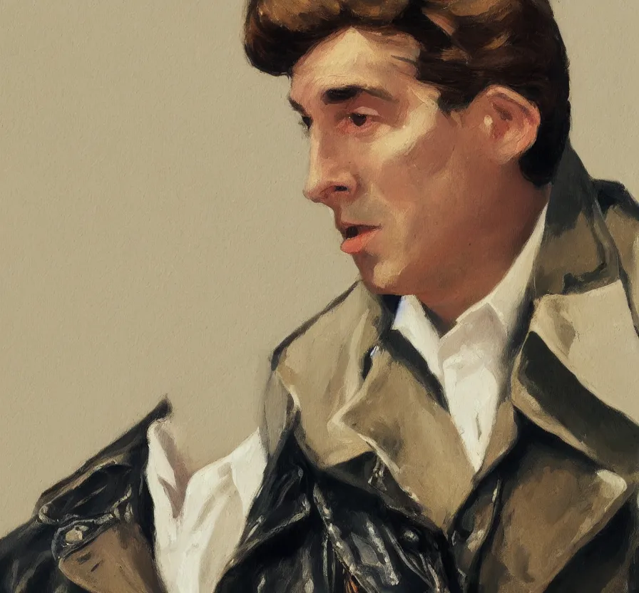 Image similar to a very detailed portrait of a man wearing an 8 0 s jacket with big shoulder pads, very aesthetic leather jacket, detailed closeup of leather jacket, front shot, in the style of edward hopper and oswald hornby joseph birley and susan ryder, very small brushstrokes, 4 k,