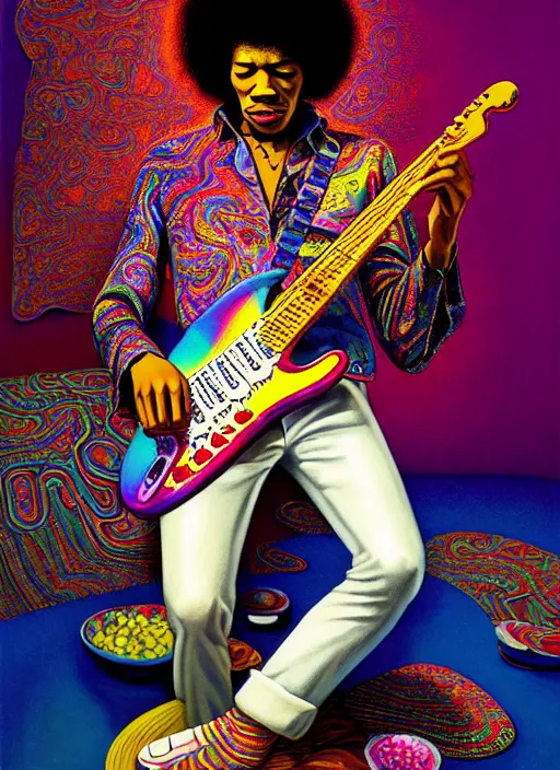 Prompt: hyper detailed 3d render like a Oil painting - Jimi Hendrix aerochrome and milky Fruit playing a white left-handed stratocaster guitar with his teeth, iridescent paisley patterns by Jacek Yerka, Ilya Kuvshinov, Mariusz Lewandowski, Houdini algorithmic generative render, Abstract brush strokes, Masterpiece, Edward Hopper and James Gilleard, Zdzislaw Beksinski, Mark Ryden, Wolfgang Lettl, hints of Yayoi Kasuma, octane render, 8k