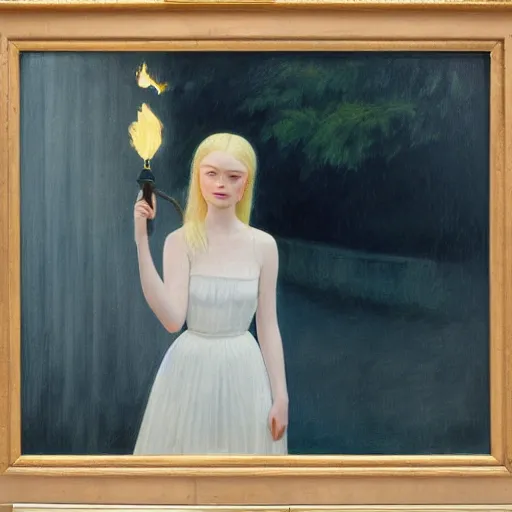 Prompt: Painting of Elle Fanning holding a torch in the rain, long blonde hair, delicate, pale milky white porcelain skin, by Edward Hopper. 8K. Extremely detailed.