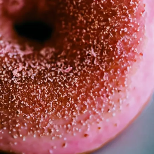 Prompt: a close up photo of a delicious looking pink frosted donut, high quality, hd, food photography