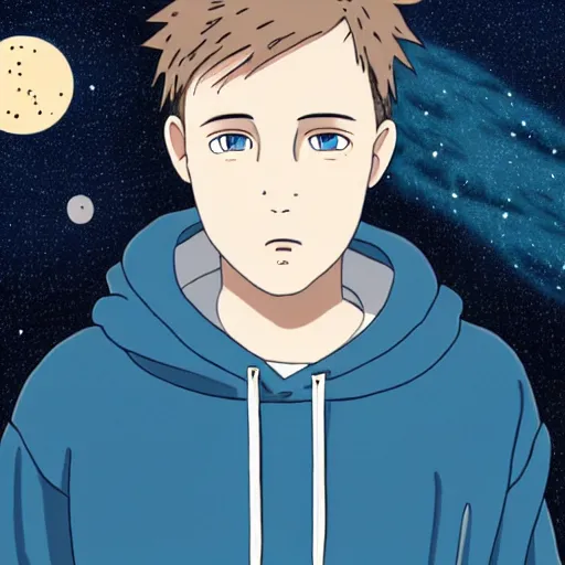 Prompt: Guy with dark blonde hair and blue eyes wearing a hoodie in space, Spirited away, astonishing background, smooth face, centred