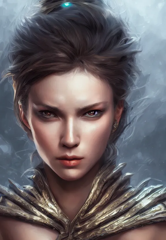 Prompt: highly detailed digital art, masterpiece portrait warrior female clothed, fantasy character portrait, dynamic pose, ambient lighting, perfect face, 4 k realistic, intricate detail, digital painting, artstation, wlop, van heroes, franks