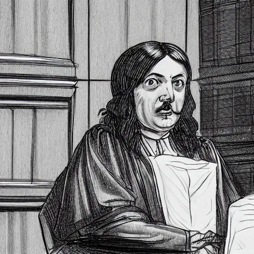 Prompt: photo of an english barrister wearing a wig and robe addressing a jury in a crown court