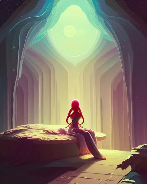 Image similar to beautiful painting of elven sitting on her bed, art by mike winkelmann and by petros afshar, sky night, illustration, highly detailed, simple, smooth and clean vector curves, no jagged lines, vector art, smooth, artstation