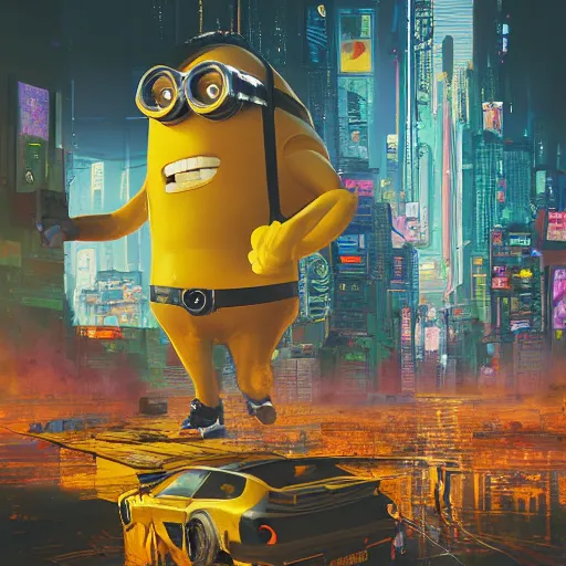 Prompt: an epic painting of giant yellow minion, destroying cyberpunk megapolis, oil on canvas, perfect composition, golden ratio, beautiful detailed, photorealistic, digital painting, concept art, smooth, sharp focus, illustration, neon lights, cyberpunk 2 0 7 7, artstation trending, octane render, unreal engine