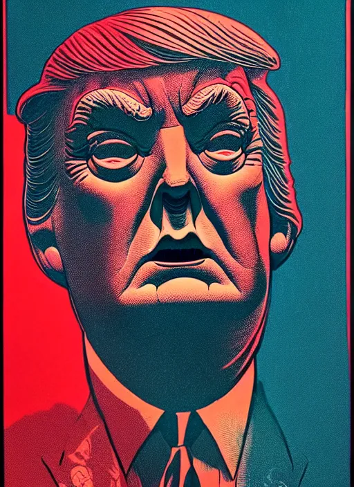 Image similar to risograph of donald trump's grotesque true form revealed, horror, high details, intricate details, by vincent di fate, artgerm julie bell beeple, 1 9 8 0 s, inking, vintage 8 0 s print, screen print