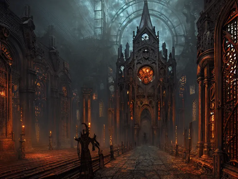 Image similar to steam necropolis, memento mori, gothic, neo - gothic, art nouveau, hyperdetailed copper patina medieval icon, stefan morrell, philippe druillet, ralph mcquarrie, concept art, steampunk, unreal engine, detailed intricate environment, octane render, moody atmospherics, volumetric lighting, ultrasharp, ominous, otherworldly