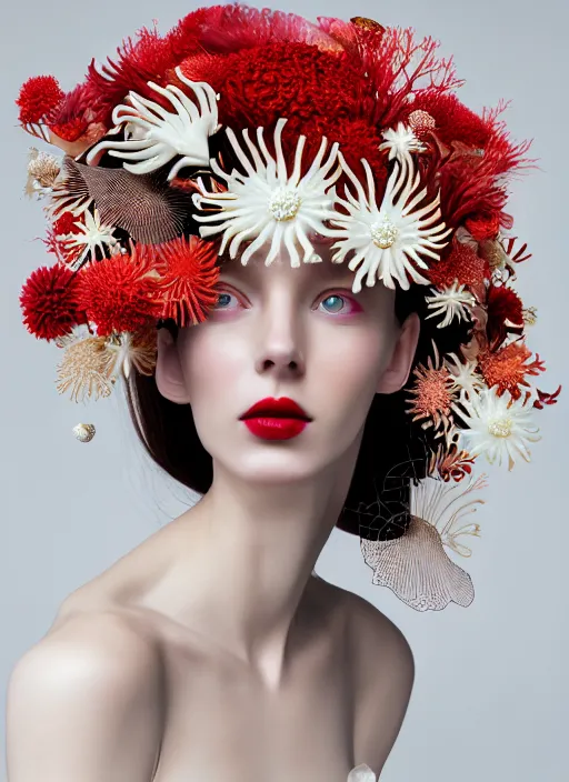 Prompt: beautiful porcelain ivory woman elegant red plump lips round hazel eyes biomechanical cyborg, elegant haute couture, iris van herpin, laser cut foliage mesh, headdress with daisies, colorful puffballs, mushrooms, rhizomorphs, brackets, fractal sponge corals, hyper detailed, ultra sharp, soft light, 8 k, uhd