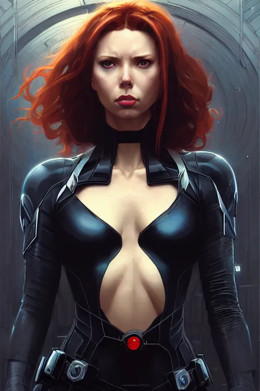 Image similar to aeon flux as black widow profile picture by Greg Rutkowski, matte painting, intricate, fantasy concept art, elegant, by Stanley Artgerm Lau, golden ratio, thomas kindkade, alphonse mucha, loish, norman Rockwell,