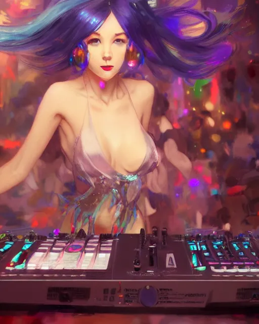 Image similar to pretty girl djing at a rave, blue hair, rem rezero, sharp focus, digital painting, 8 k, concept art, art by wlop, artgerm, greg rutkowski and alphonse mucha