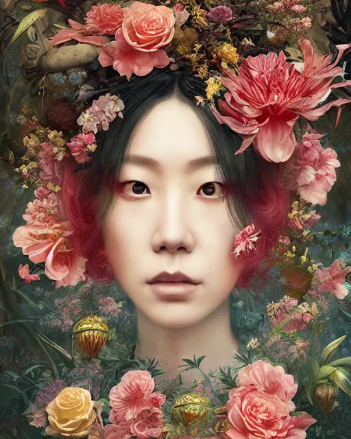 Image similar to portrait of the japanese queen of the underworld, surrounded by flowers by karol bak, james jean, tom bagshaw, rococo, sharp focus, trending on artstation, cinematic lighting, hyper realism, octane render, 8 k, hyper detailed.