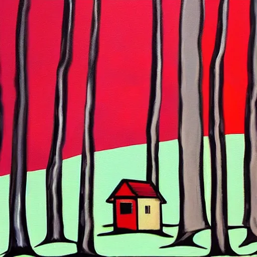 Image similar to a painting of a eerie cabin in the middle of the woods in the style of andy warhol