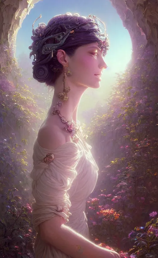 Image similar to highly detailed portrait of beautiful ethereal woman in ornate clothing, stephen bliss, unreal engine, fantasy art by greg rutkowski, loish, rhads, ferdinand knab, makoto shinkai and lois van baarle, ilya kuvshinov, rossdraws, tom bagshaw, global illumination, radiant light, detailed and intricate environment