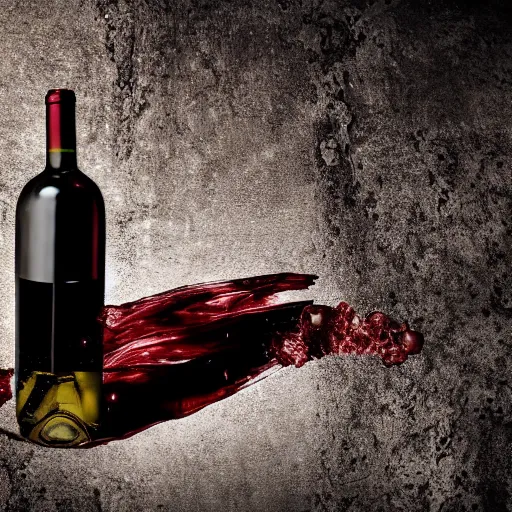 Image similar to wine bottle hitting the floor, bottom part explode into pieces letting the wine escape but bottle upper part remain clean, clear view on the label, cinematographic realistic look