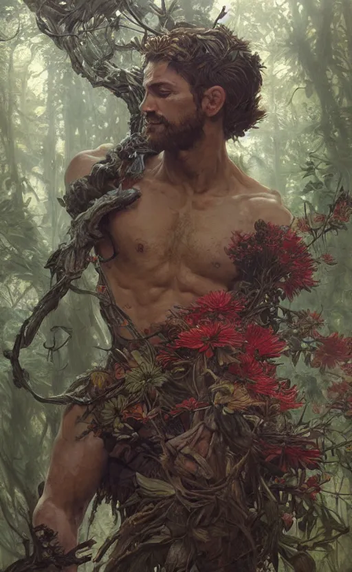 Image similar to god of the forest, 3 0 years old, rugged, male, gorgeous, detailed face, amazing, full body, flowers, muscular, intricate, highly detailed, digital painting, artstation, concept art, sharp focus, illustration, art by greg rutkowski and alphonse mucha