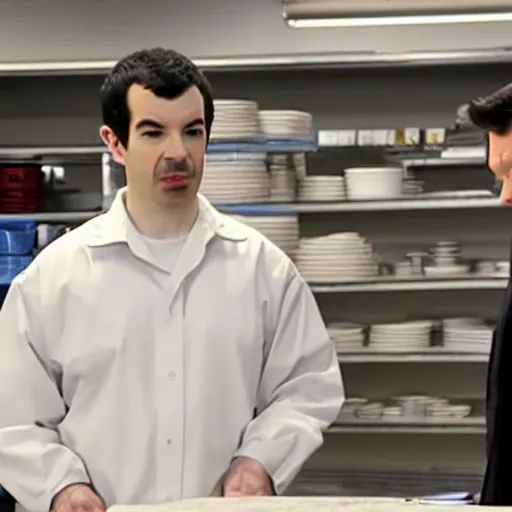 Prompt: Nathan Fielder helps Walter White with his struggling business, tv show screencap, 1080p