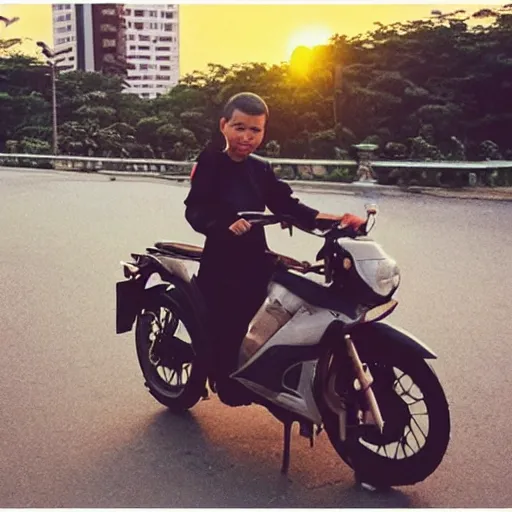 Image similar to “buzz cut, Vietnamese girl riding a motorbike through the city, photograph, beautiful, sunset”