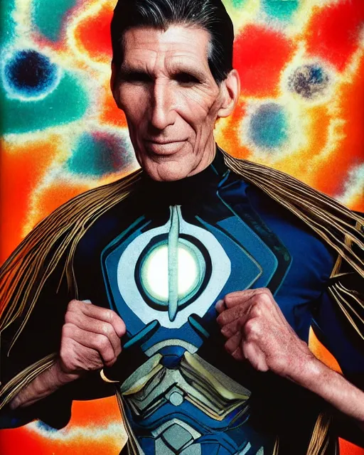 Prompt: Actor Michael Rennie Starring as Reed Richards, Colorful, Modern, Cutting Edge, photographed in costume by Annie Leibovitz, Studio Lighting