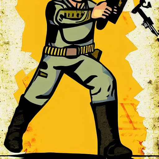 Image similar to digital art cold war poster of vault boy from fallout 3 game,