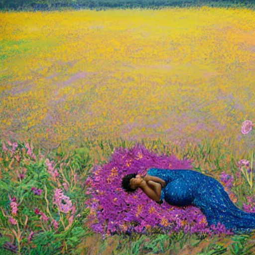 Image similar to pregnant east african woman with curly hair in a vast field of flowers, laying down, looking into the distance, with a tiny black puppy running around the field, golden hour, vintage, impressionist painting, fine art, oil painting, dreamy, pastel, laughing, happy, intricate details, sharp, peaceful, serene