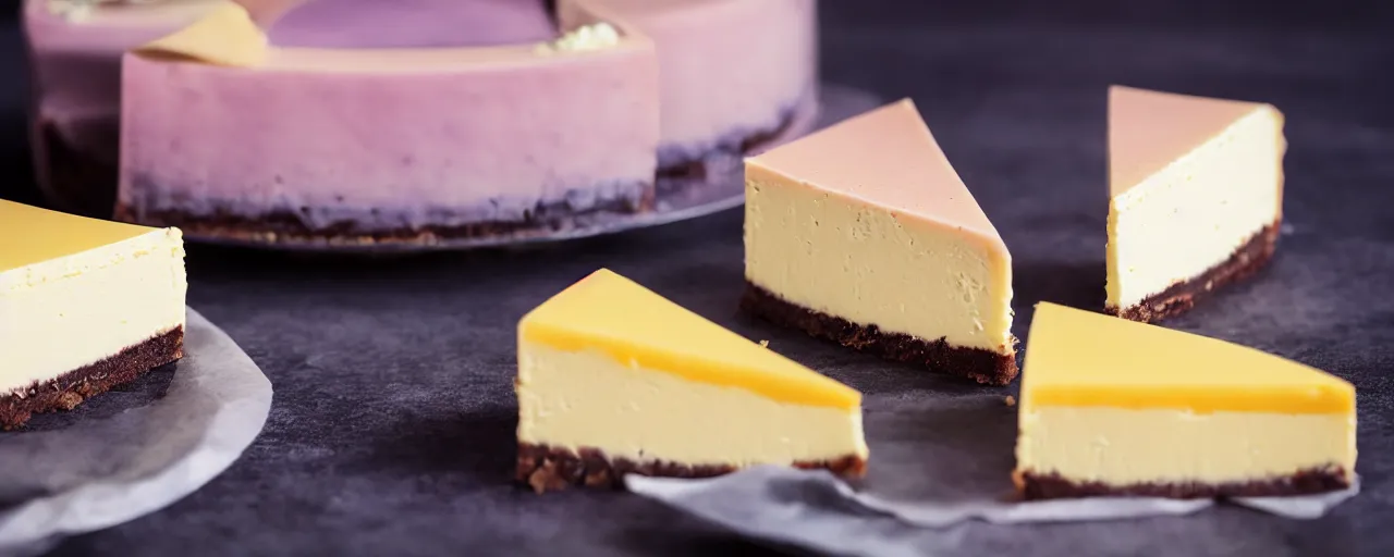 Prompt: a juicy piece of vaporwave cheese cake from a high class bakery, depth of field, dark setup, dynamic lighting, food photography, isometric, tasty, wide shot, studio, bokeh, gmaster, cooking, food, kodak, sony, canon