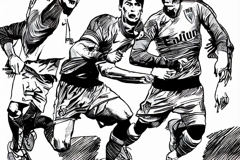 Prompt: cristiano ronaldo playing football, a page from cyberpunk 2 0 2 0, style of paolo parente, style of mike jackson, adam smasher, johnny silverhand, 1 9 9 0 s comic book style, white background, ink drawing, black and white