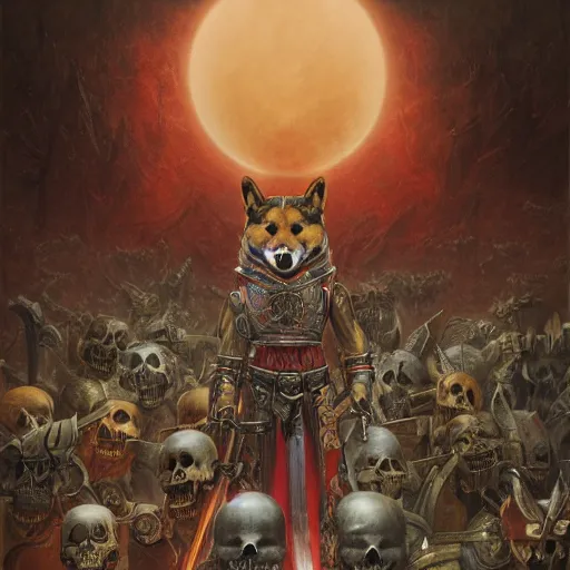 Image similar to anthropomorphic shiba inu, red metal skullknight armor, standing, cementary of skulls, fantasy 3 d render, masterpiece, red aura, by donato giancola and greg rutkowski and wayne barlow and zdzisław beksinski, realistic face