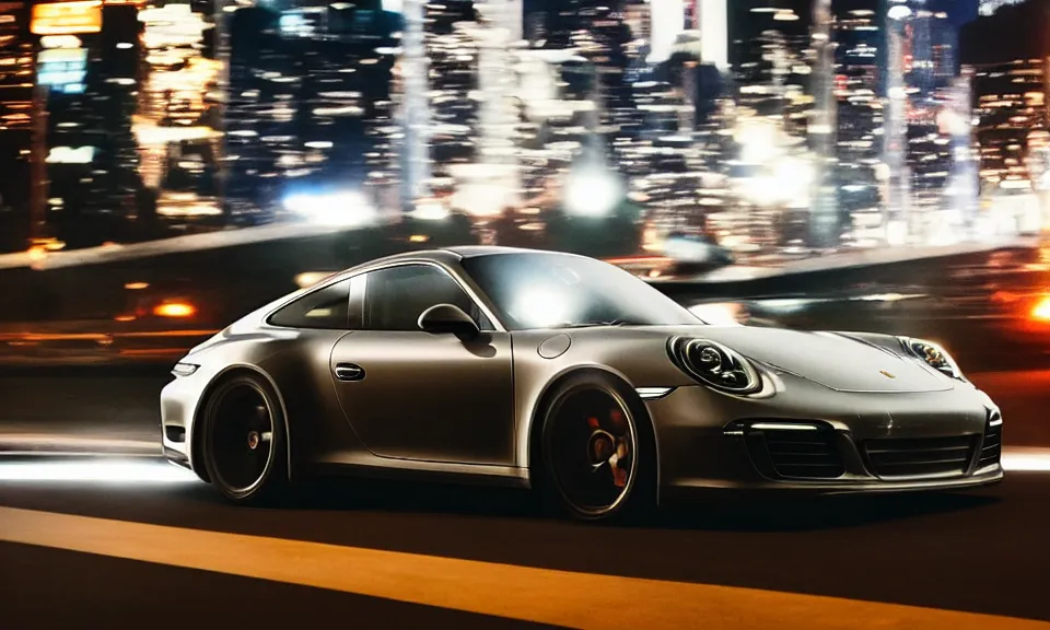 Image similar to photo of a porsche 911 at night driving fast through a city, cinematic, 4k, long exposure photography, tokyo drift, fast and furious, film still, night photography, motion blur, lens flare, movie shot, light trail