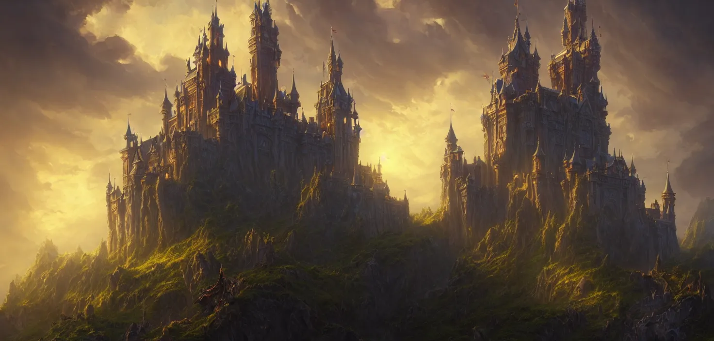 Prompt: an imposing ornamented fantasy castle, carved from sapphire stone, cinematic view, epic sky, detailed, concept art, low angle, high detail, warm lighting, volumetric, godrays, vivid, beautiful, trending on artstation, by jordan grimmer, huge scene, grass, art greg rutkowski