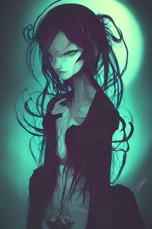 Prompt: concept art painting of a demonic evil fairy, moody vibe, moody lighting, artgerm, moebius, inio asano, toon shading, cel shading, calm, tranquil, vaporwave colors,