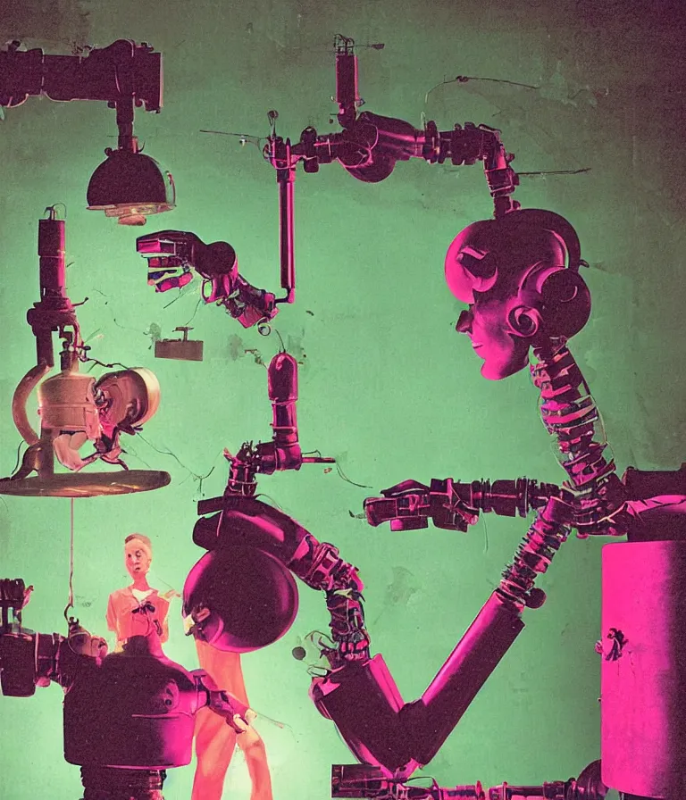 Image similar to a female mad scientist building a humanoid robot, in a darkly lit laboratory room, 1 9 5 0 s horror movie poster style, norman rockwell oil painting, close - up shot, retro science fiction, vintage, saturated pink and green lighting, shadowy lighting, cohesive